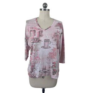Alia Y2K Top Womens Large Pink V-Neck Coffee Stud Floral Cottage Shabby Chic